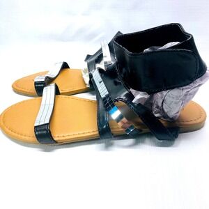 Blue Suede Shoes Black Sandals with Mirror Disco Embellishments Women's Sz 8.5